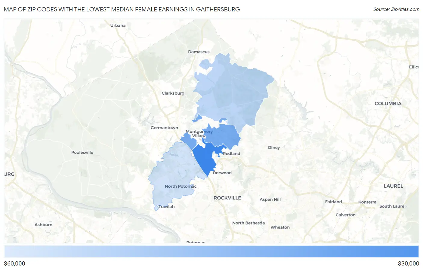 Zip Codes with the Lowest Median Female Earnings in Gaithersburg Map