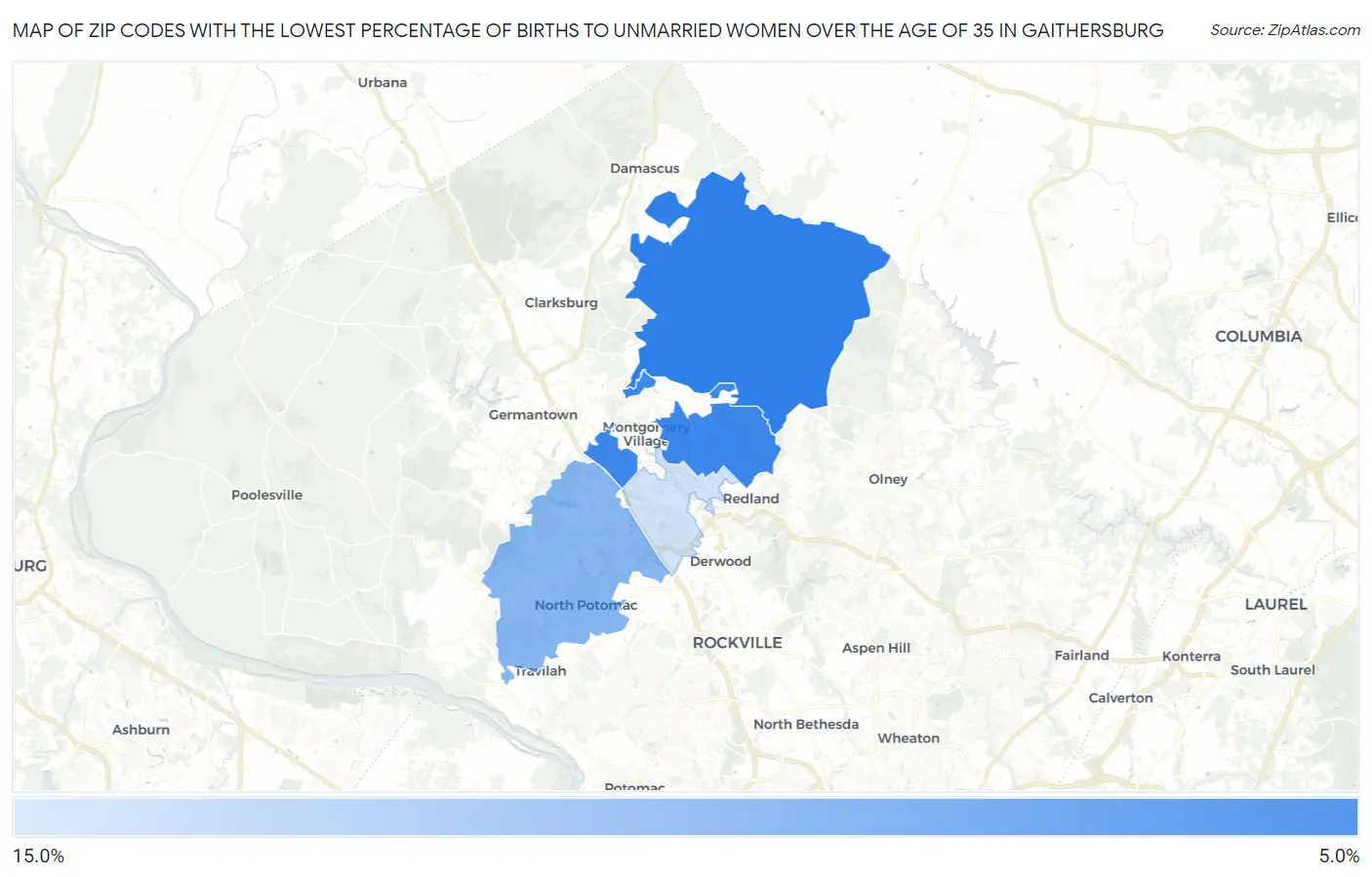 Zip Codes with the Lowest Percentage of Births to Unmarried Women over the Age of 35 in Gaithersburg Map