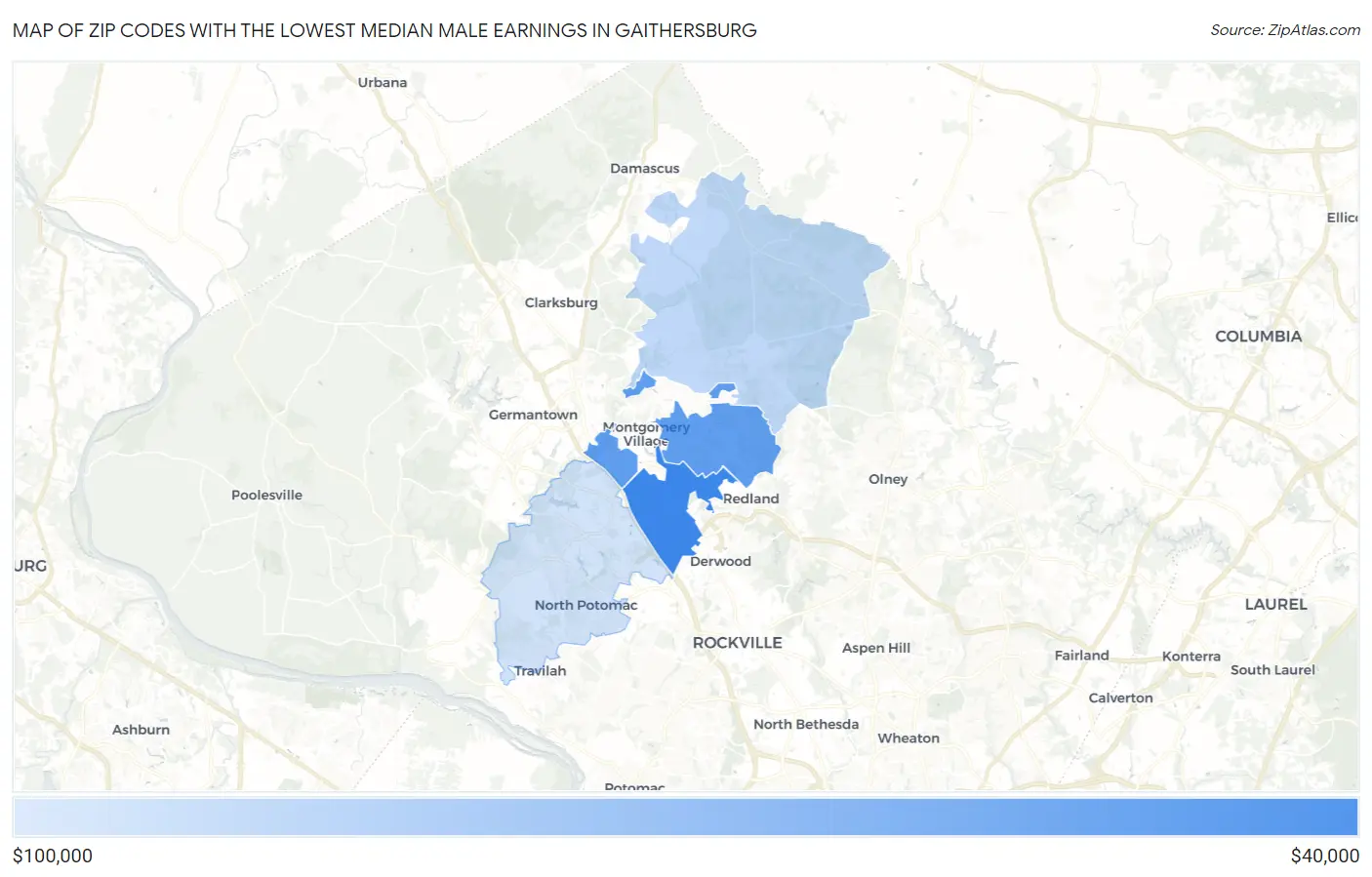Zip Codes with the Lowest Median Male Earnings in Gaithersburg Map