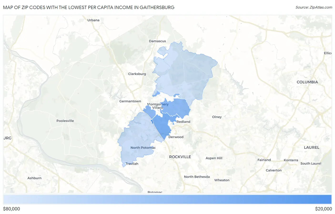 Zip Codes with the Lowest Per Capita Income in Gaithersburg Map