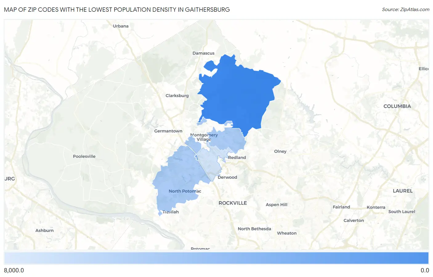 Zip Codes with the Lowest Population Density in Gaithersburg Map