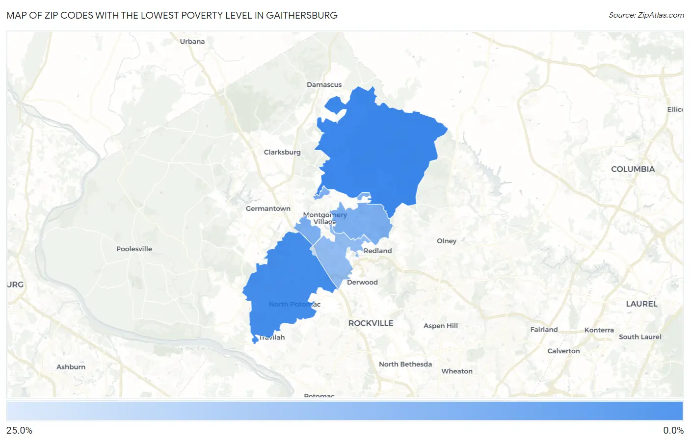 Zip Codes with the Lowest Poverty Level in Gaithersburg Map