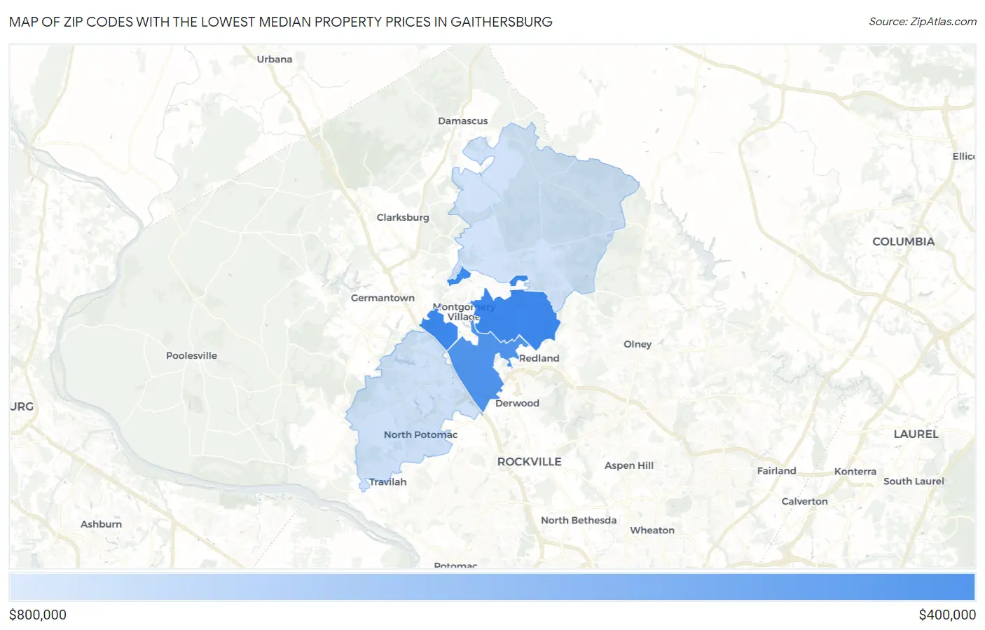 Zip Codes with the Lowest Median Property Prices in Gaithersburg Map