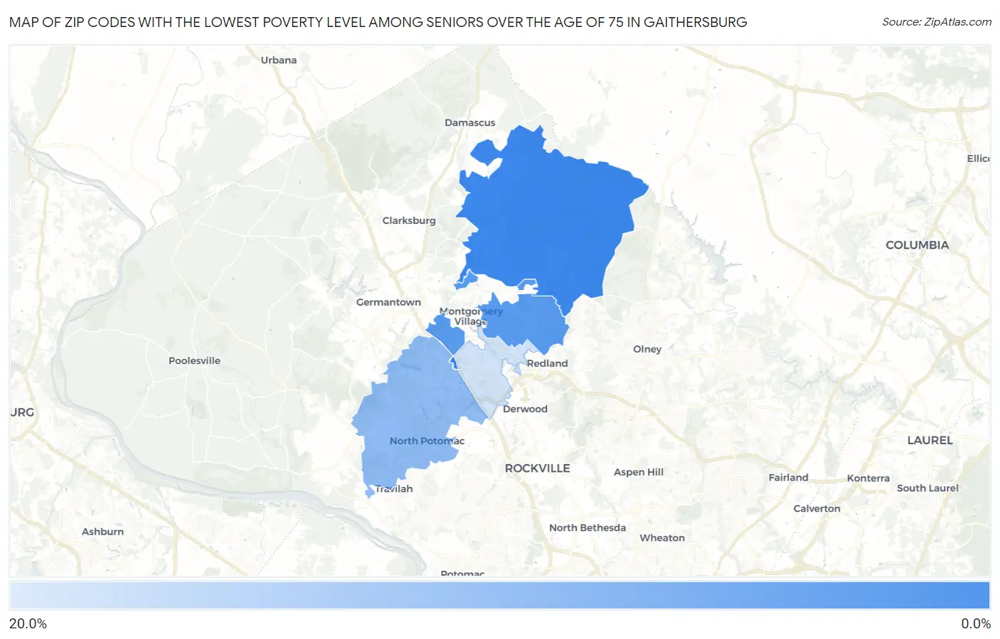 Zip Codes with the Lowest Poverty Level Among Seniors Over the Age of 75 in Gaithersburg Map