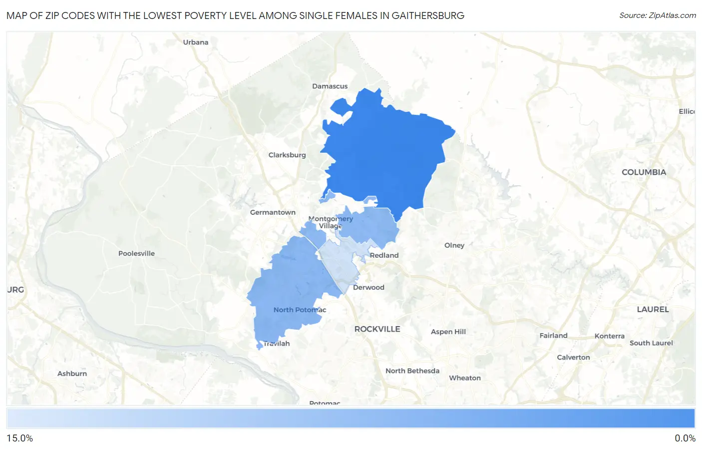 Zip Codes with the Lowest Poverty Level Among Single Females in Gaithersburg Map