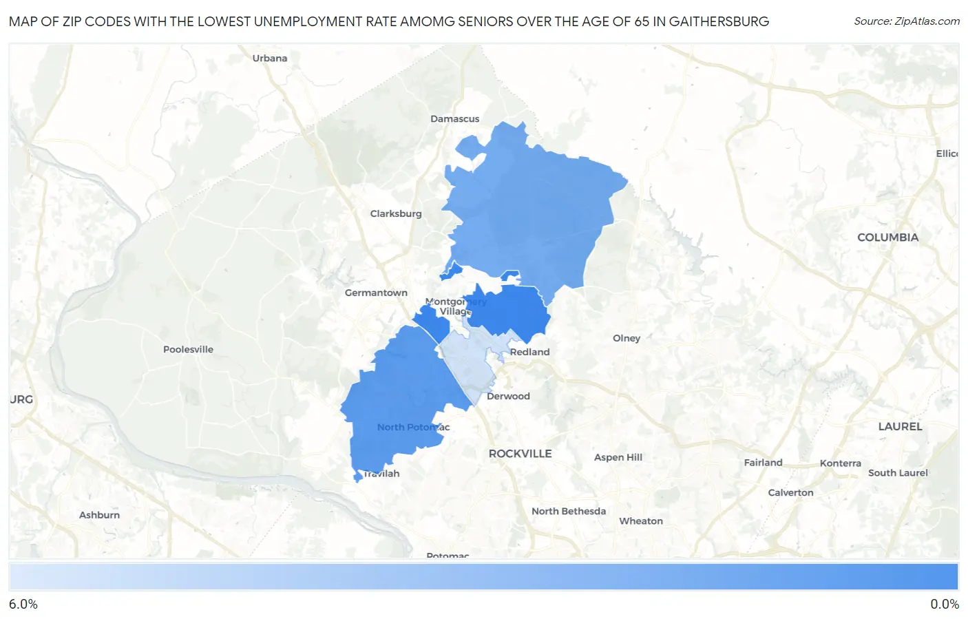 Zip Codes with the Lowest Unemployment Rate Amomg Seniors Over the Age of 65 in Gaithersburg Map