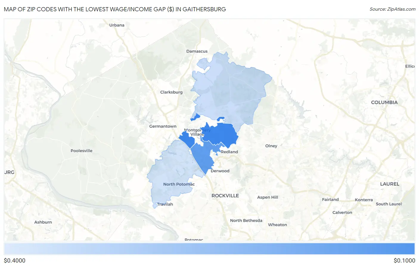 Zip Codes with the Lowest Wage/Income Gap ($) in Gaithersburg Map