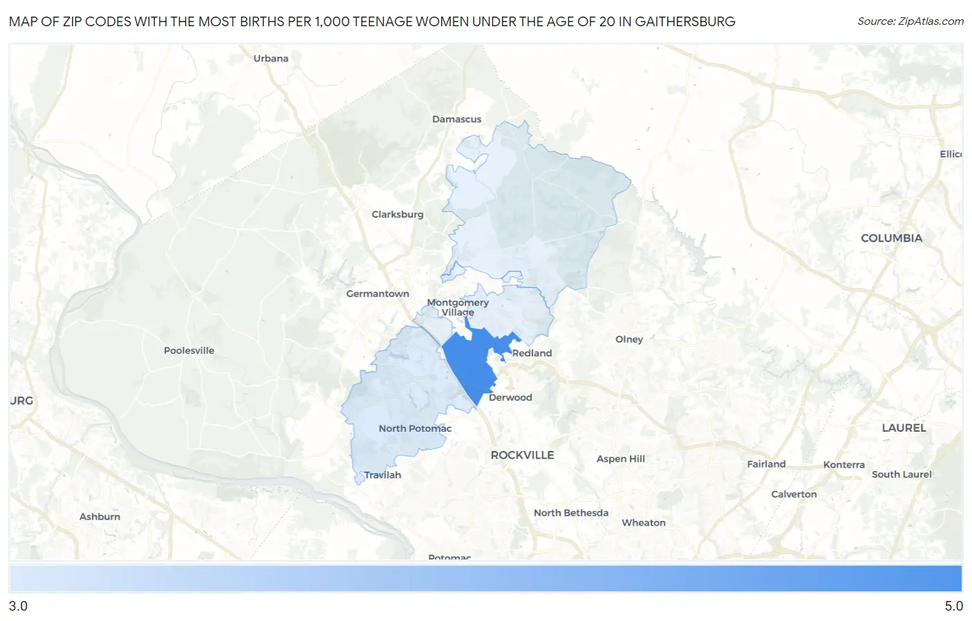 Zip Codes with the Most Births per 1,000 Teenage Women Under the Age of 20 in Gaithersburg Map