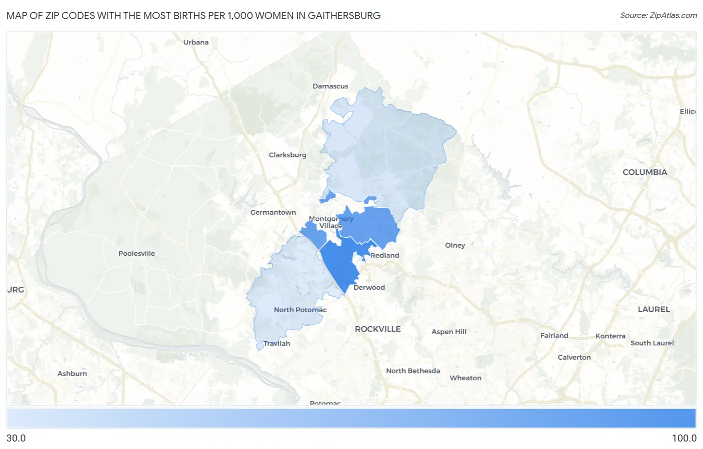 Zip Codes with the Most Births per 1,000 Women in Gaithersburg Map