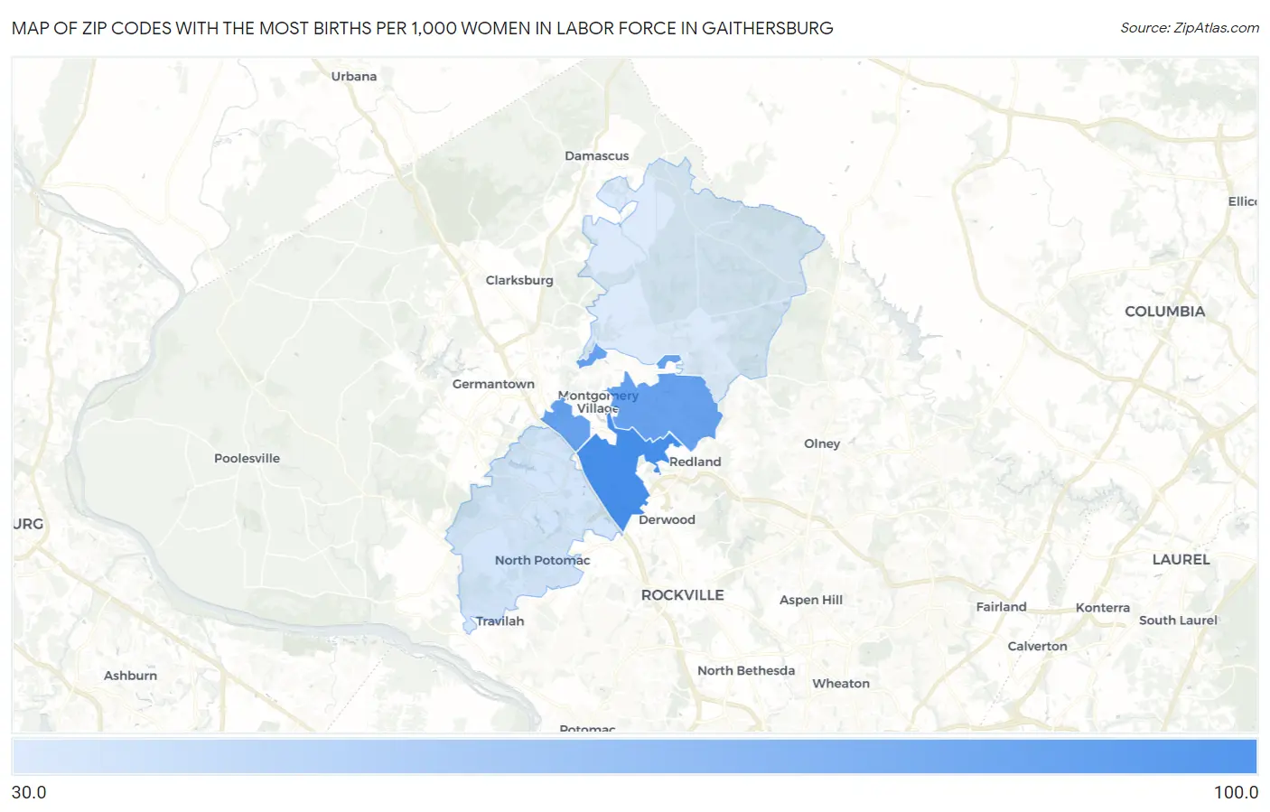 Zip Codes with the Most Births per 1,000 Women in Labor Force in Gaithersburg Map