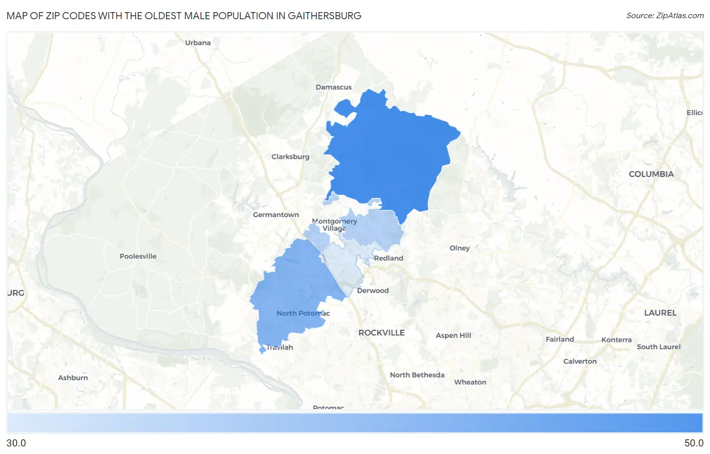 Zip Codes with the Oldest Male Population in Gaithersburg Map