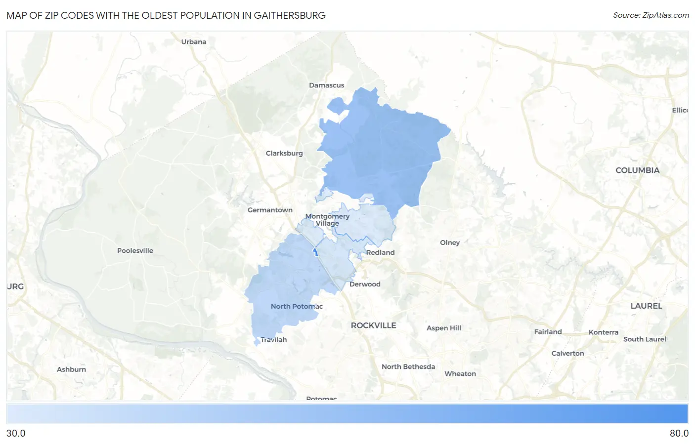 Zip Codes with the Oldest Population in Gaithersburg Map