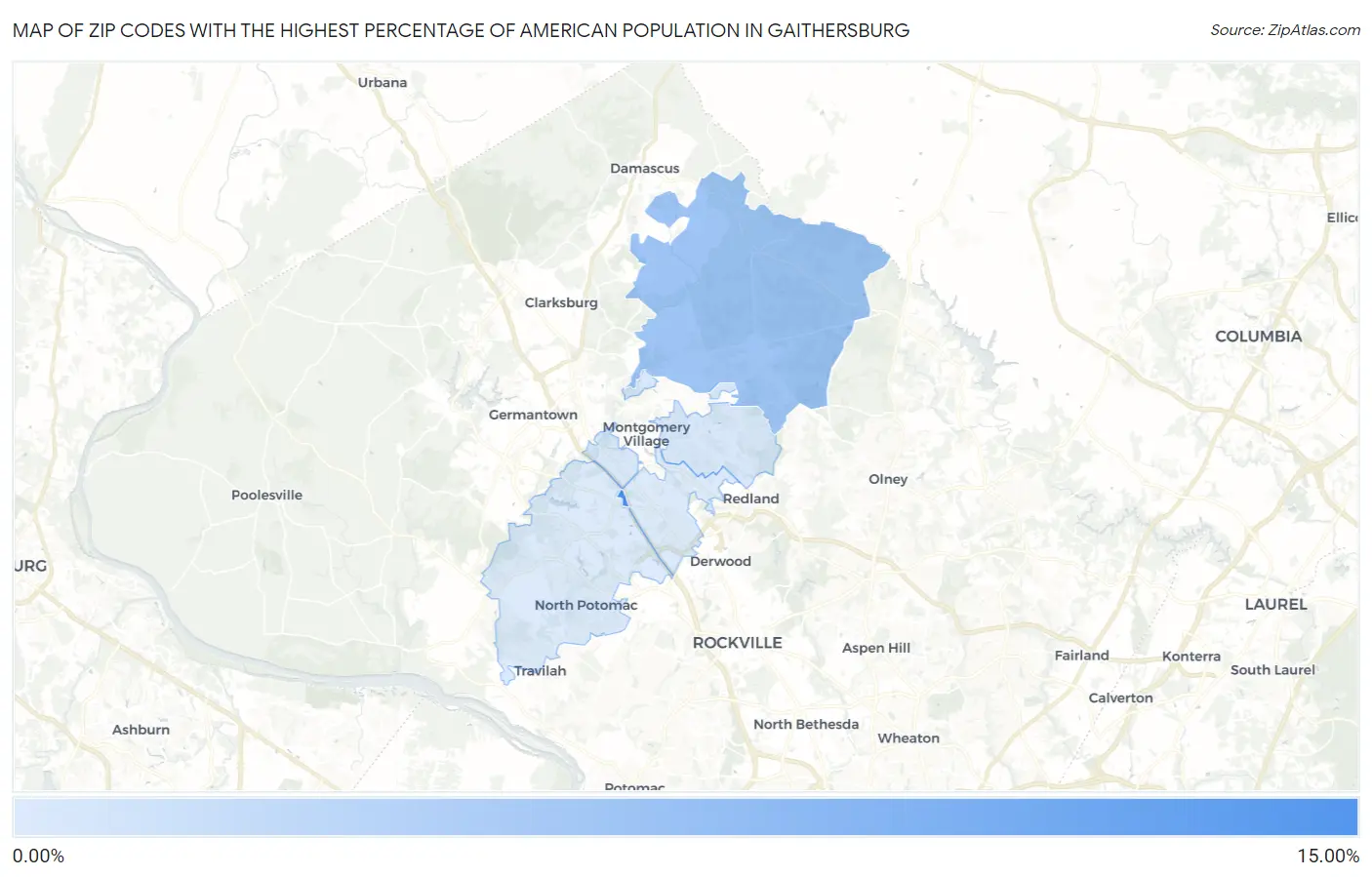 Zip Codes with the Highest Percentage of American Population in Gaithersburg Map