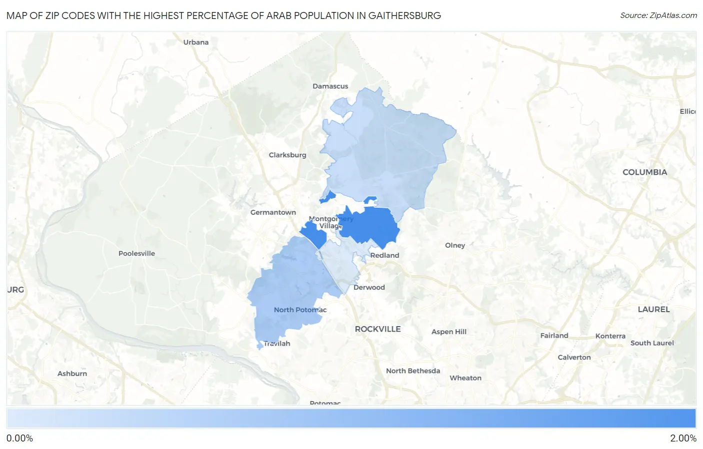 Zip Codes with the Highest Percentage of Arab Population in Gaithersburg Map