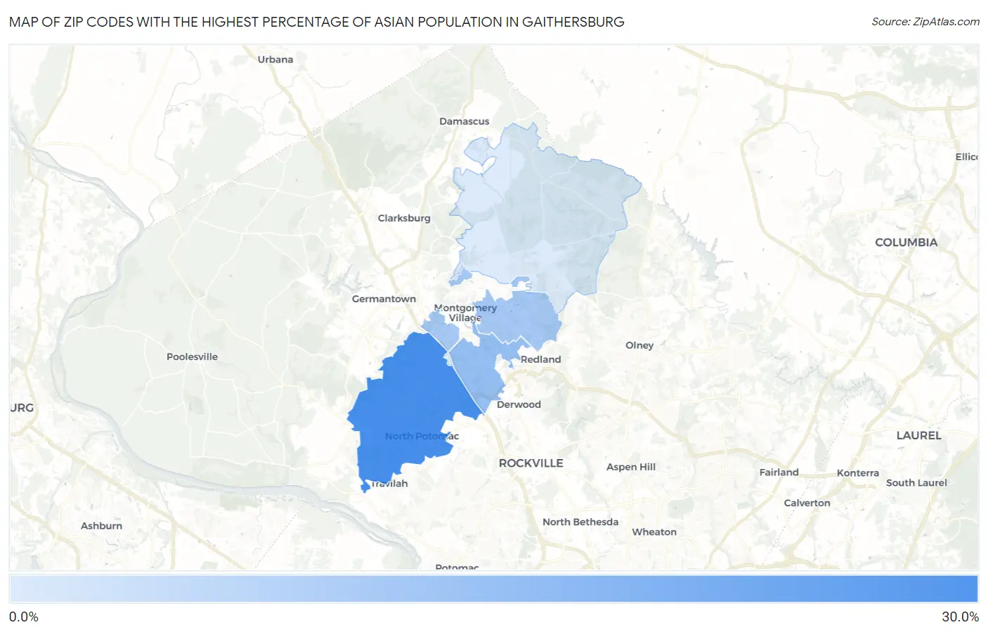 Zip Codes with the Highest Percentage of Asian Population in Gaithersburg Map