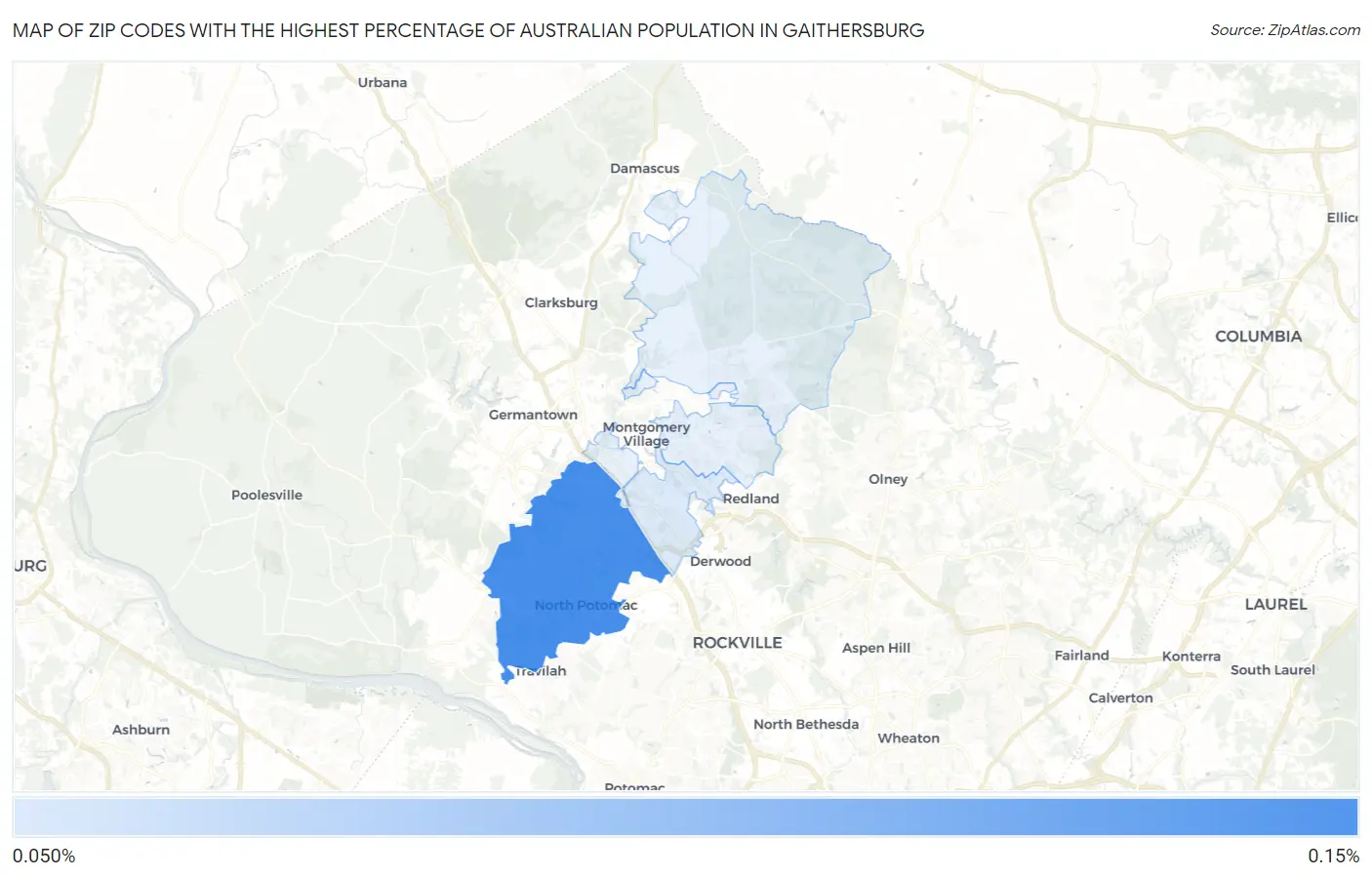 Zip Codes with the Highest Percentage of Australian Population in Gaithersburg Map