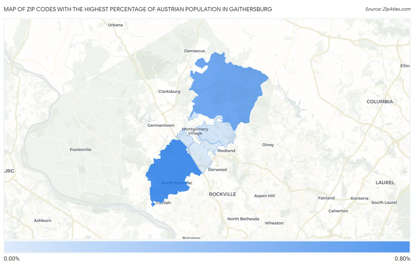 Zip Codes with the Highest Percentage of Austrian Population in Gaithersburg Map