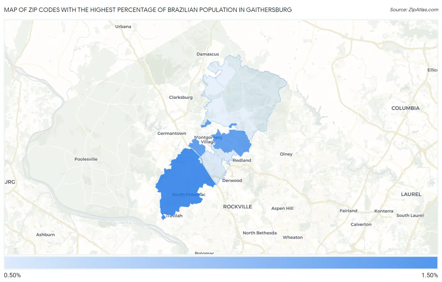 Zip Codes with the Highest Percentage of Brazilian Population in Gaithersburg Map