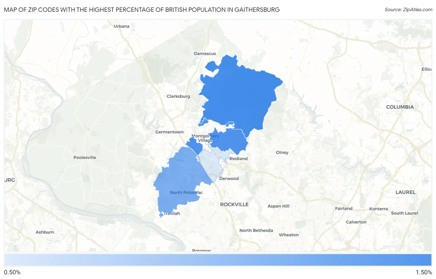 Zip Codes with the Highest Percentage of British Population in Gaithersburg Map