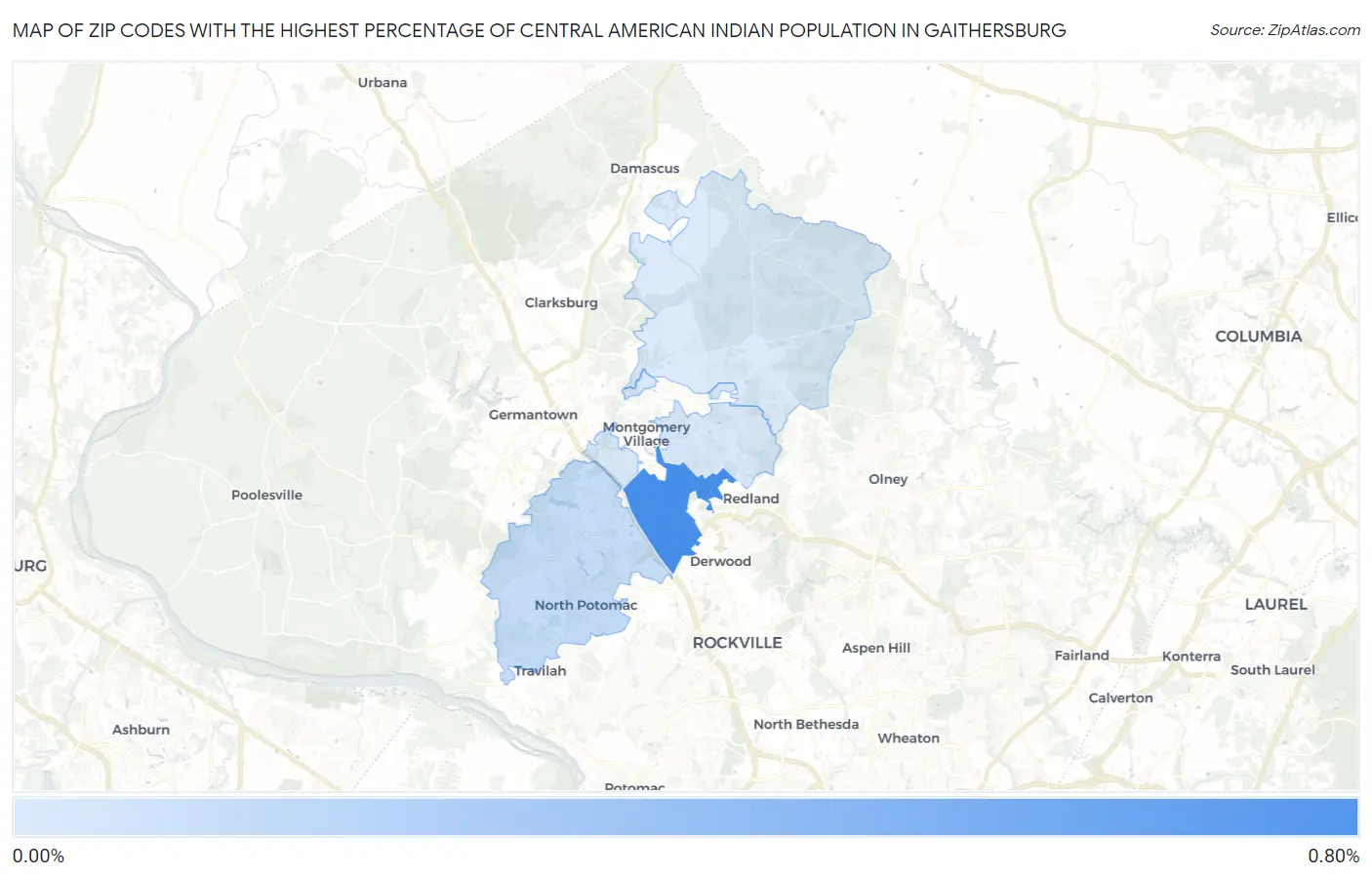 Zip Codes with the Highest Percentage of Central American Indian Population in Gaithersburg Map
