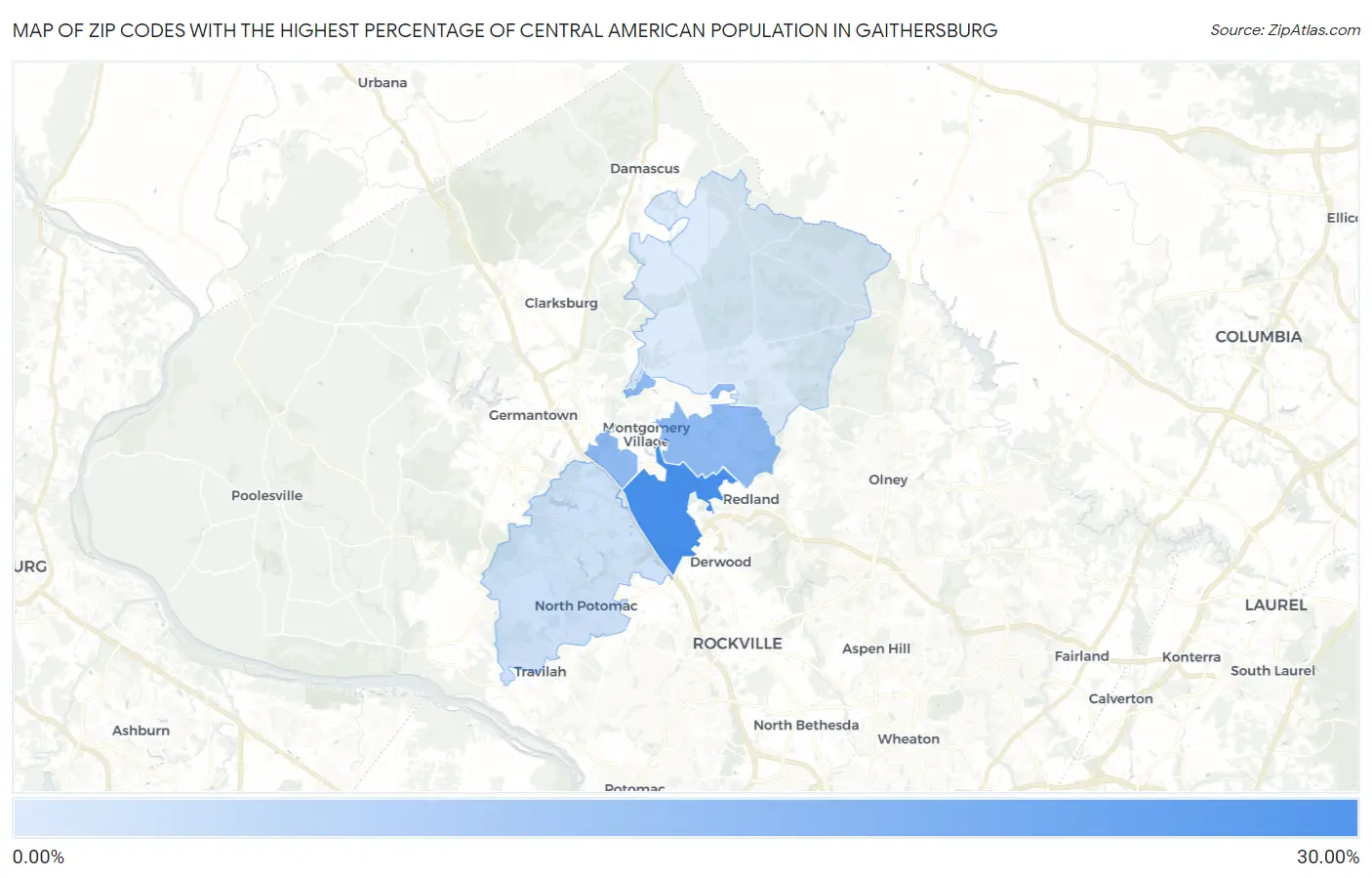 Zip Codes with the Highest Percentage of Central American Population in Gaithersburg Map