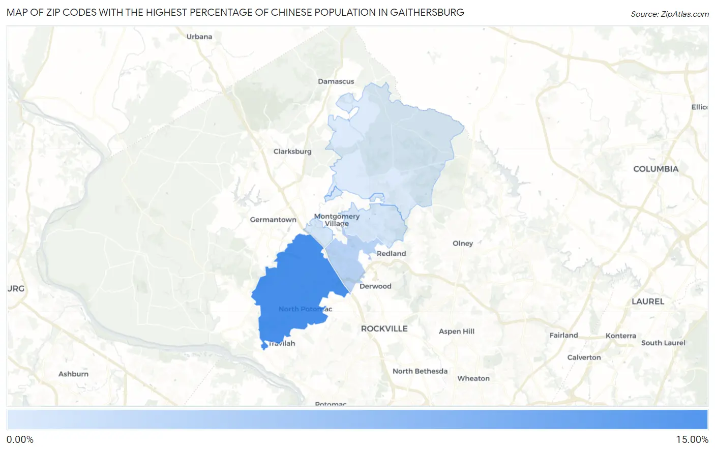 Zip Codes with the Highest Percentage of Chinese Population in Gaithersburg Map