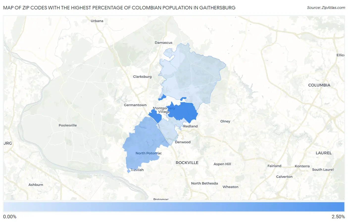 Zip Codes with the Highest Percentage of Colombian Population in Gaithersburg Map