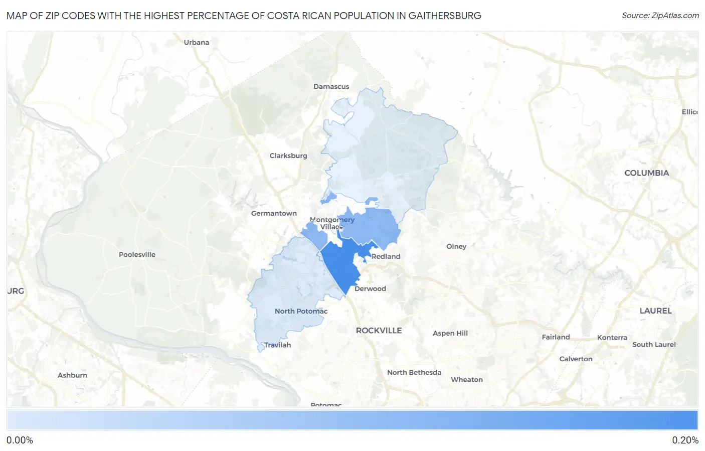 Zip Codes with the Highest Percentage of Costa Rican Population in Gaithersburg Map