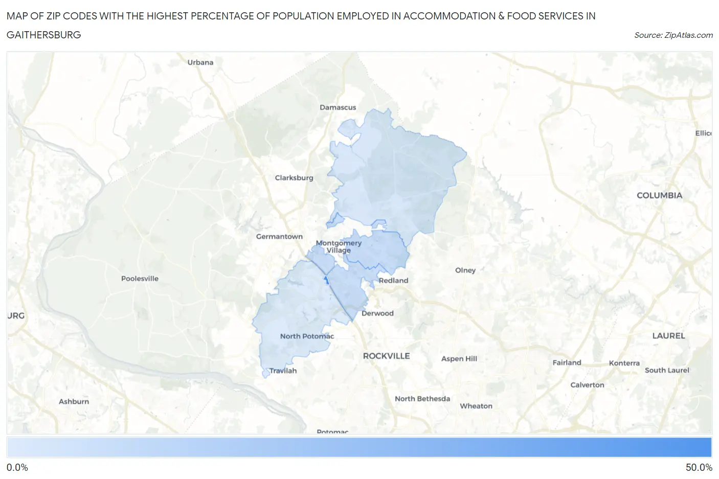Zip Codes with the Highest Percentage of Population Employed in Accommodation & Food Services in Gaithersburg Map