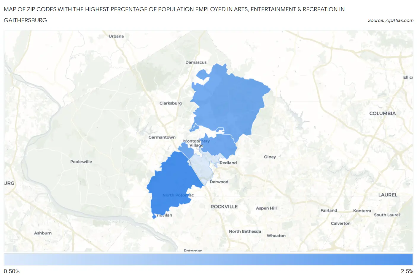 Zip Codes with the Highest Percentage of Population Employed in Arts, Entertainment & Recreation in Gaithersburg Map