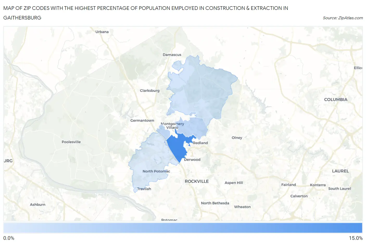 Zip Codes with the Highest Percentage of Population Employed in Construction & Extraction in Gaithersburg Map