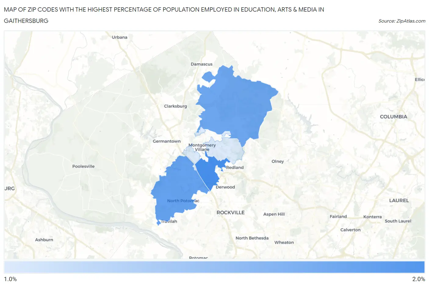 Zip Codes with the Highest Percentage of Population Employed in Education, Arts & Media in Gaithersburg Map