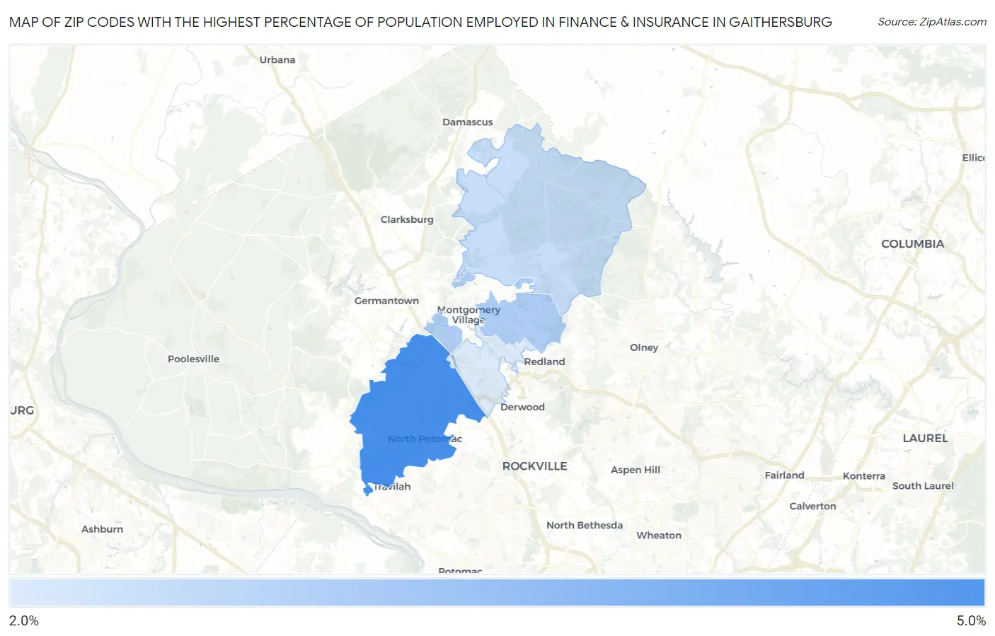Zip Codes with the Highest Percentage of Population Employed in Finance & Insurance in Gaithersburg Map