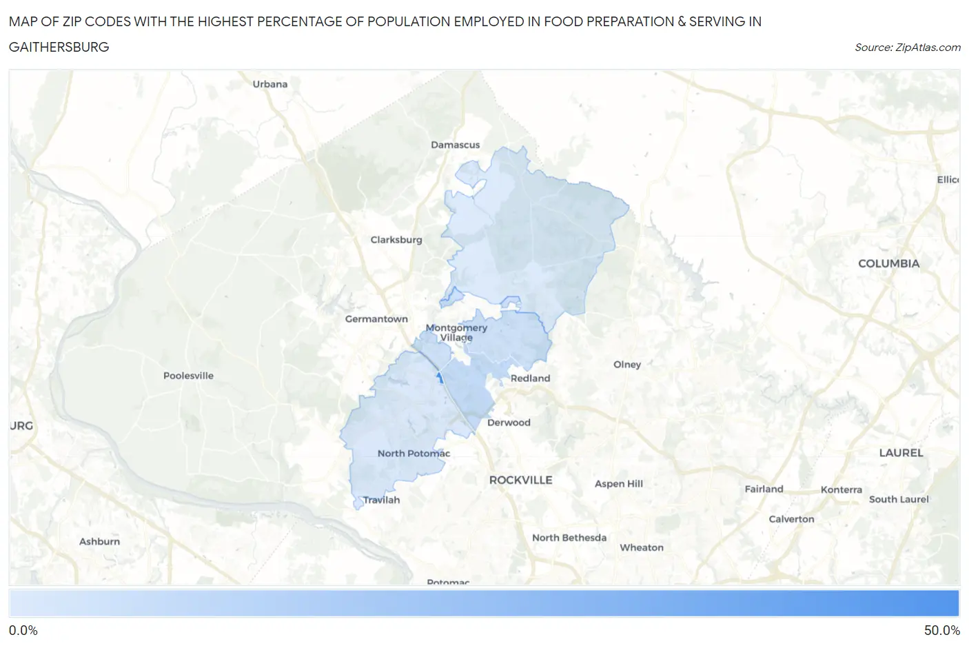 Zip Codes with the Highest Percentage of Population Employed in Food Preparation & Serving in Gaithersburg Map