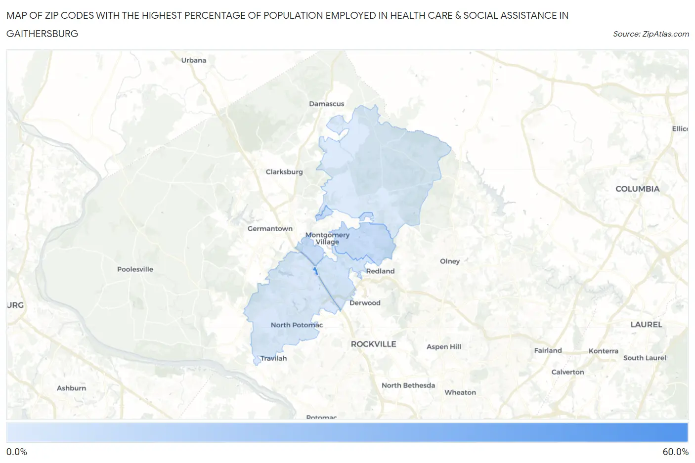 Zip Codes with the Highest Percentage of Population Employed in Health Care & Social Assistance in Gaithersburg Map