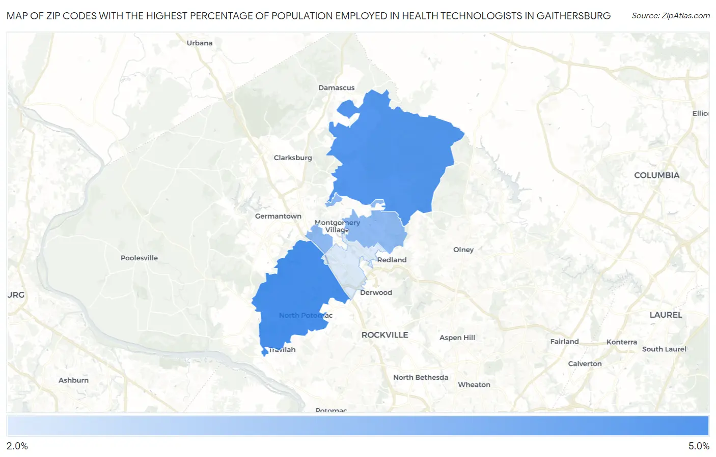 Zip Codes with the Highest Percentage of Population Employed in Health Technologists in Gaithersburg Map