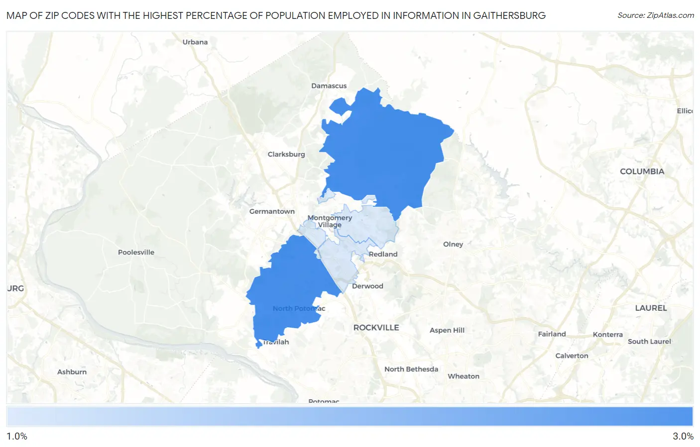 Zip Codes with the Highest Percentage of Population Employed in Information in Gaithersburg Map