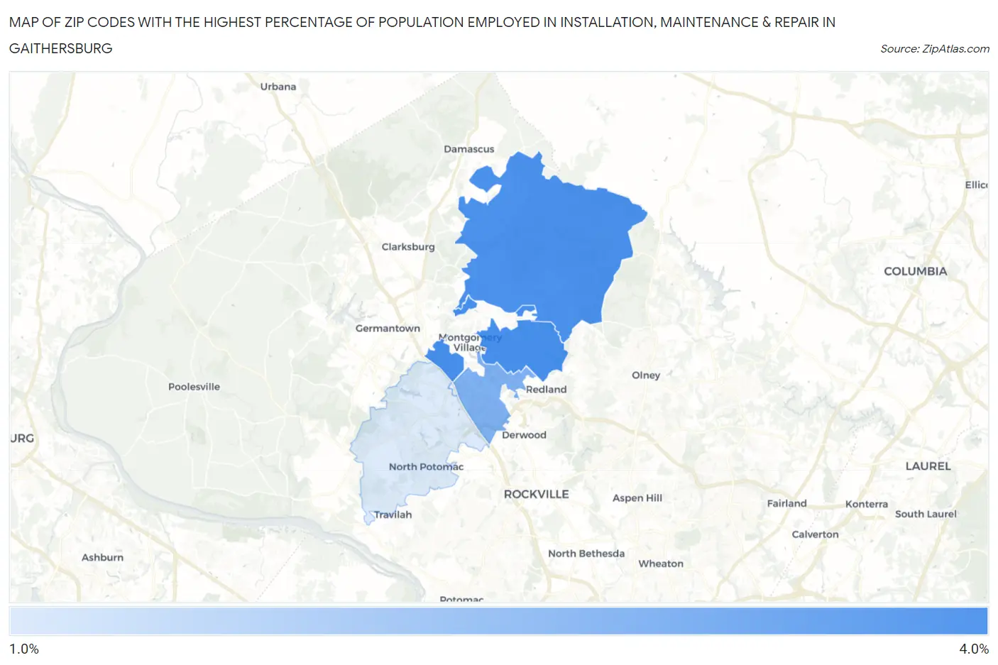 Zip Codes with the Highest Percentage of Population Employed in Installation, Maintenance & Repair in Gaithersburg Map