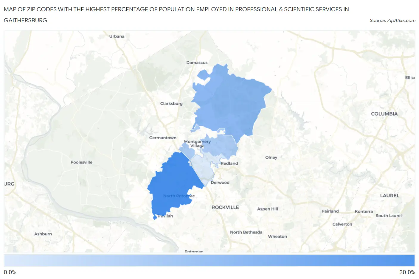 Zip Codes with the Highest Percentage of Population Employed in Professional & Scientific Services in Gaithersburg Map