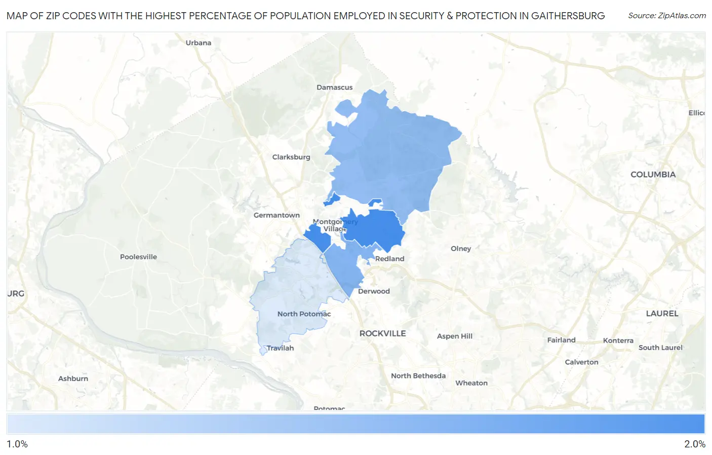 Zip Codes with the Highest Percentage of Population Employed in Security & Protection in Gaithersburg Map