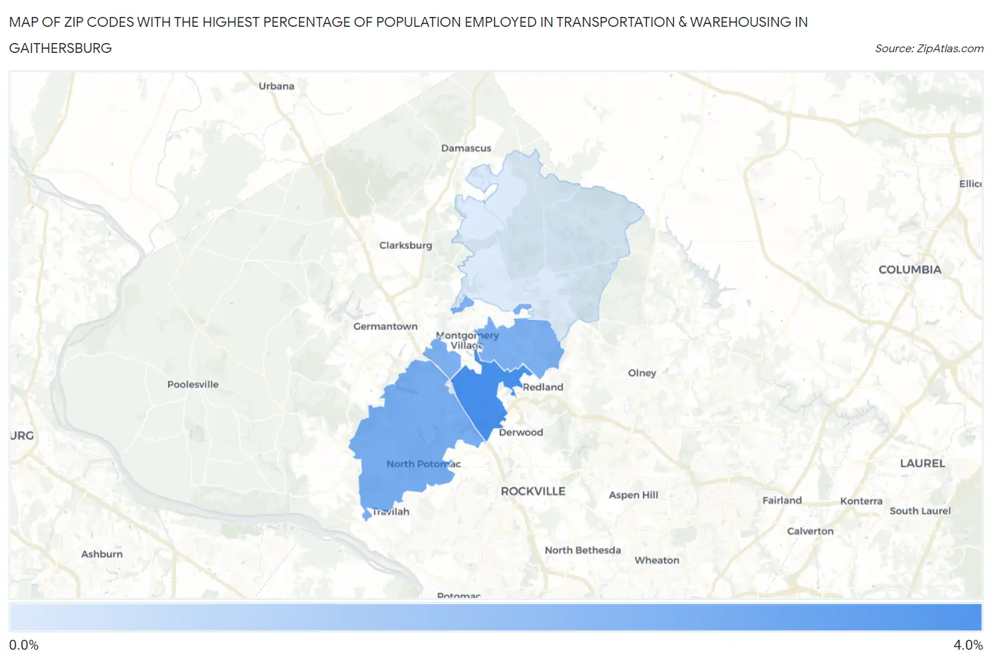 Zip Codes with the Highest Percentage of Population Employed in Transportation & Warehousing in Gaithersburg Map