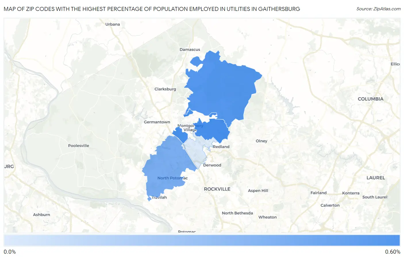 Zip Codes with the Highest Percentage of Population Employed in Utilities in Gaithersburg Map