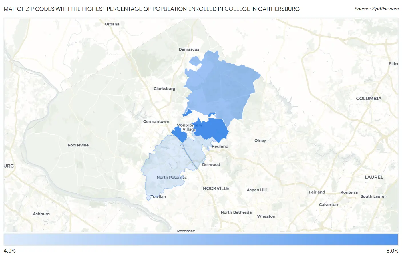 Zip Codes with the Highest Percentage of Population Enrolled in College in Gaithersburg Map