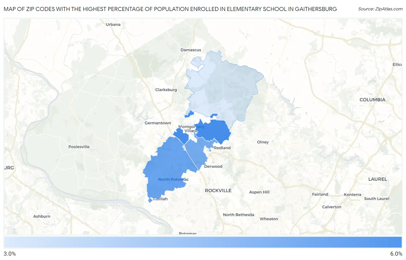 Zip Codes with the Highest Percentage of Population Enrolled in Elementary School in Gaithersburg Map