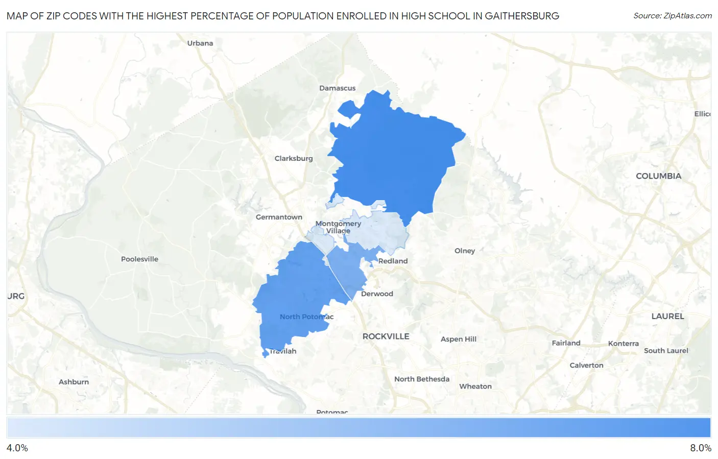 Zip Codes with the Highest Percentage of Population Enrolled in High School in Gaithersburg Map