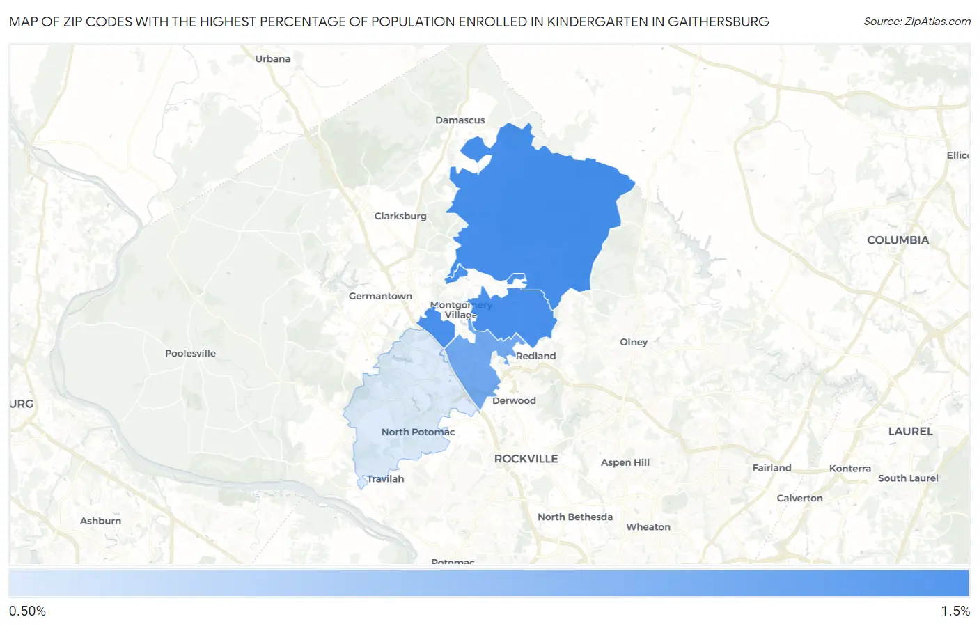 Zip Codes with the Highest Percentage of Population Enrolled in Kindergarten in Gaithersburg Map