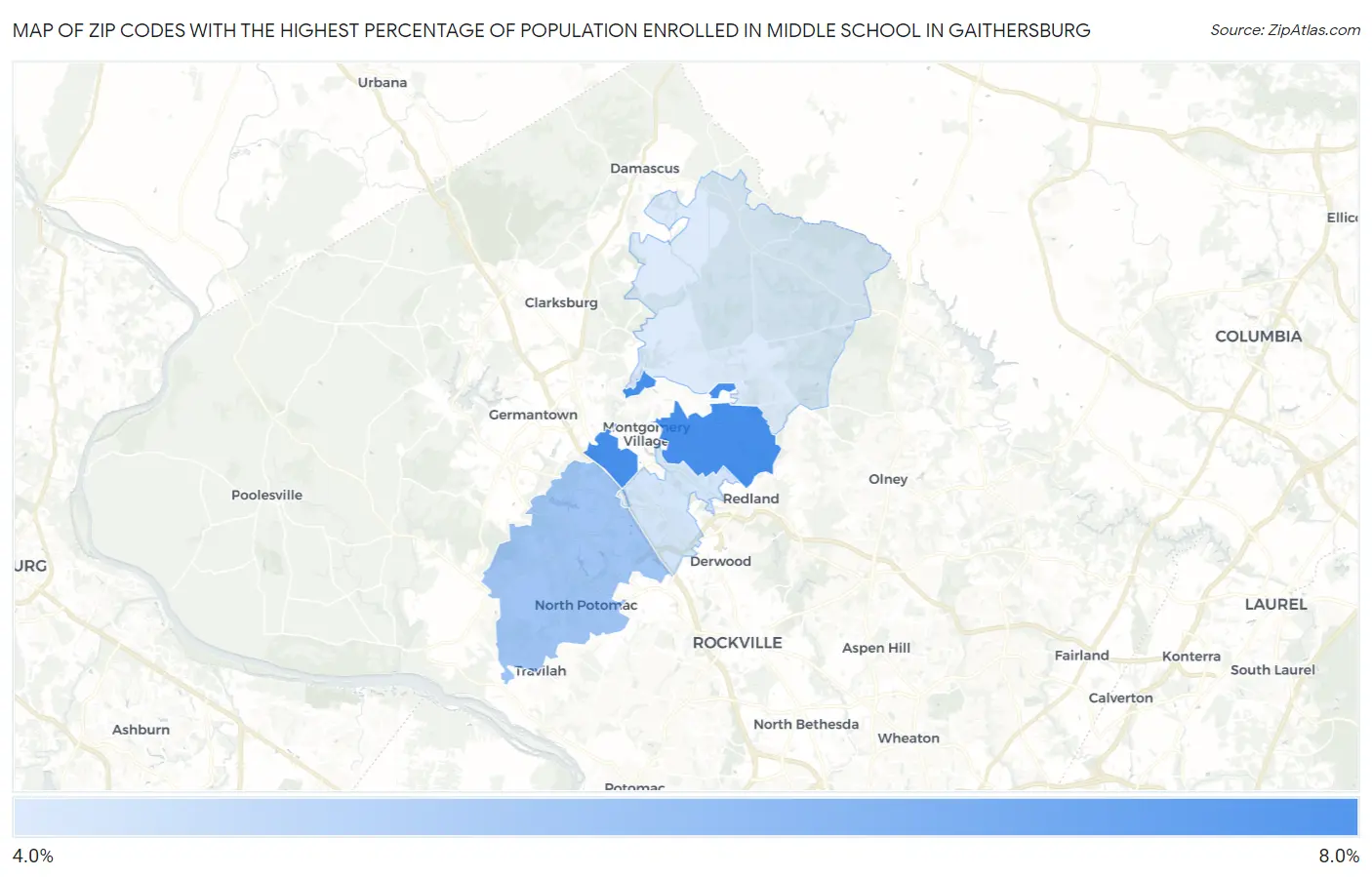 Zip Codes with the Highest Percentage of Population Enrolled in Middle School in Gaithersburg Map