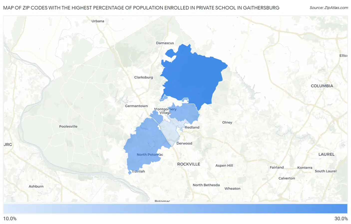 Zip Codes with the Highest Percentage of Population Enrolled in Private School in Gaithersburg Map