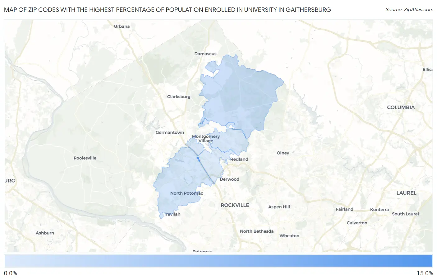 Zip Codes with the Highest Percentage of Population Enrolled in University in Gaithersburg Map