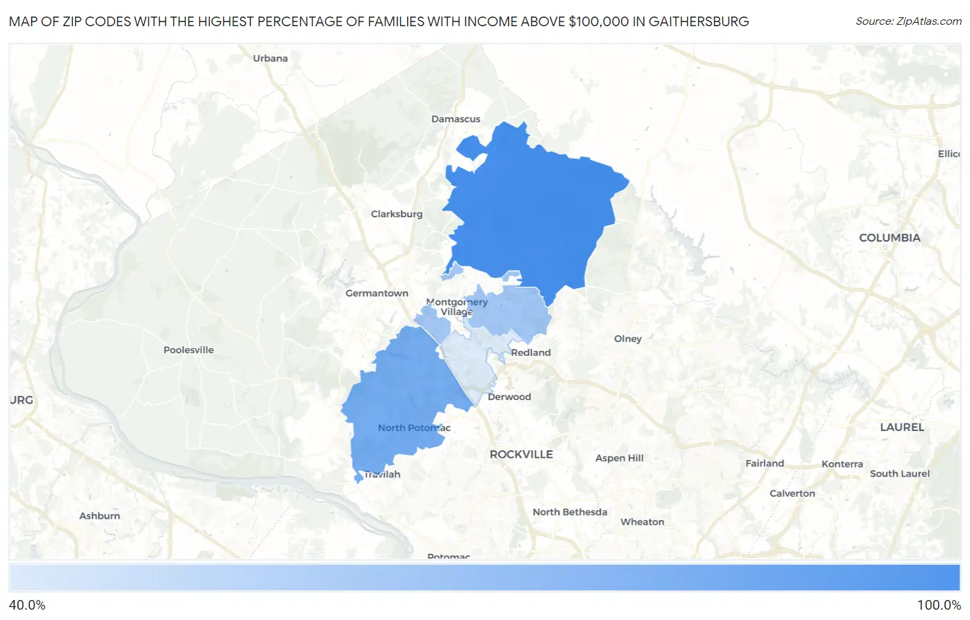 Zip Codes with the Highest Percentage of Families with Income Above $100,000 in Gaithersburg Map